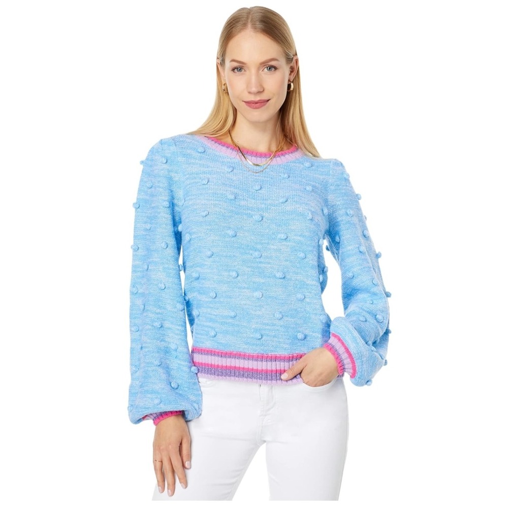 Lilly Pulitzer Verna Peri Marl Blue Pom Pom Wool‎ Blend Sweater Knit Crewneck